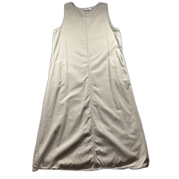 LL Bean Camp Dress Pockets Maxi Khaki Lagenlook Gorpcore Minimalist Size 14 E155 - Picture 1 of 9